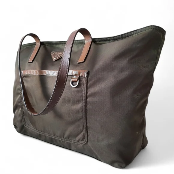 PRADA Vela Saffiano Leather Tessuto Tote Zip Green Enamel Triangle Logo Tan Bag